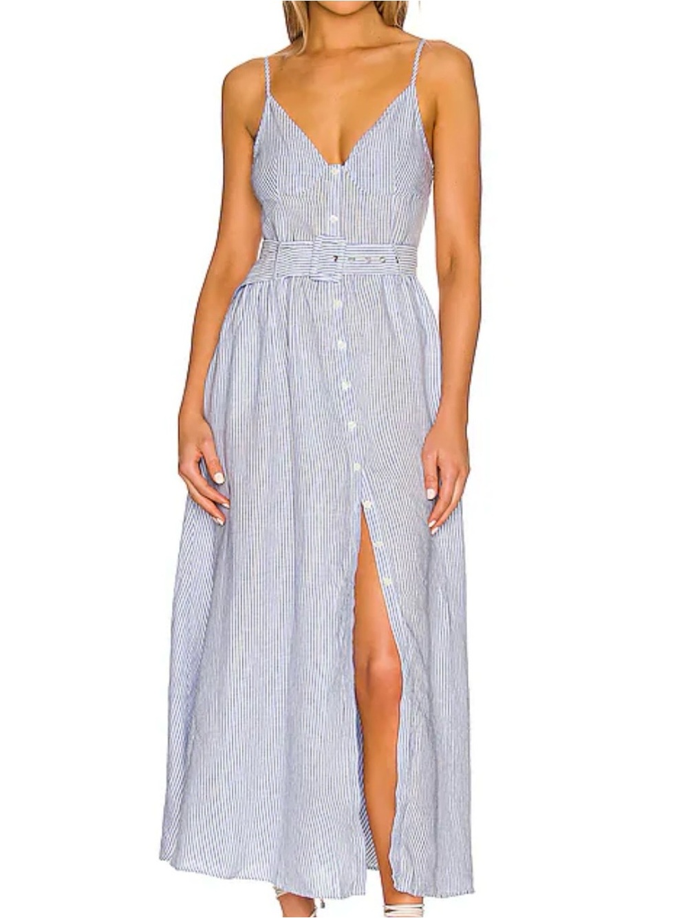 SIMKHAI Standard Vicky Belted Linen Midi Dress Cove Stripe Blue White M